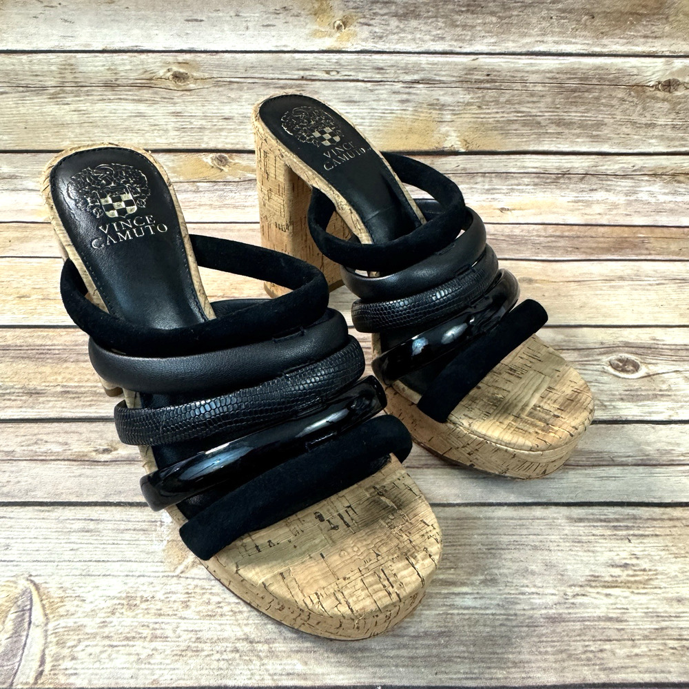 Vince Camuto Womens Black Strappy Patrest Cork Platform and Heel Slip On Sandals